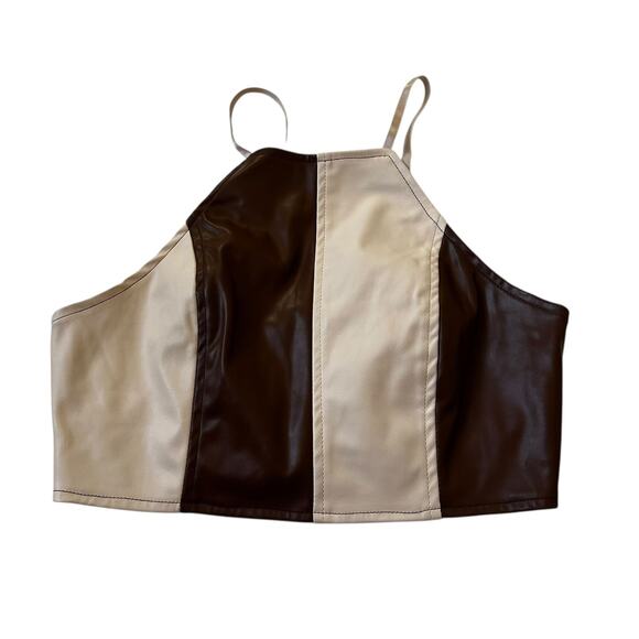 Shein Brown/Cream Color Blocked Faux Leather Crop Top Women's Size Small 10-16-2 - Picture 3 of 6